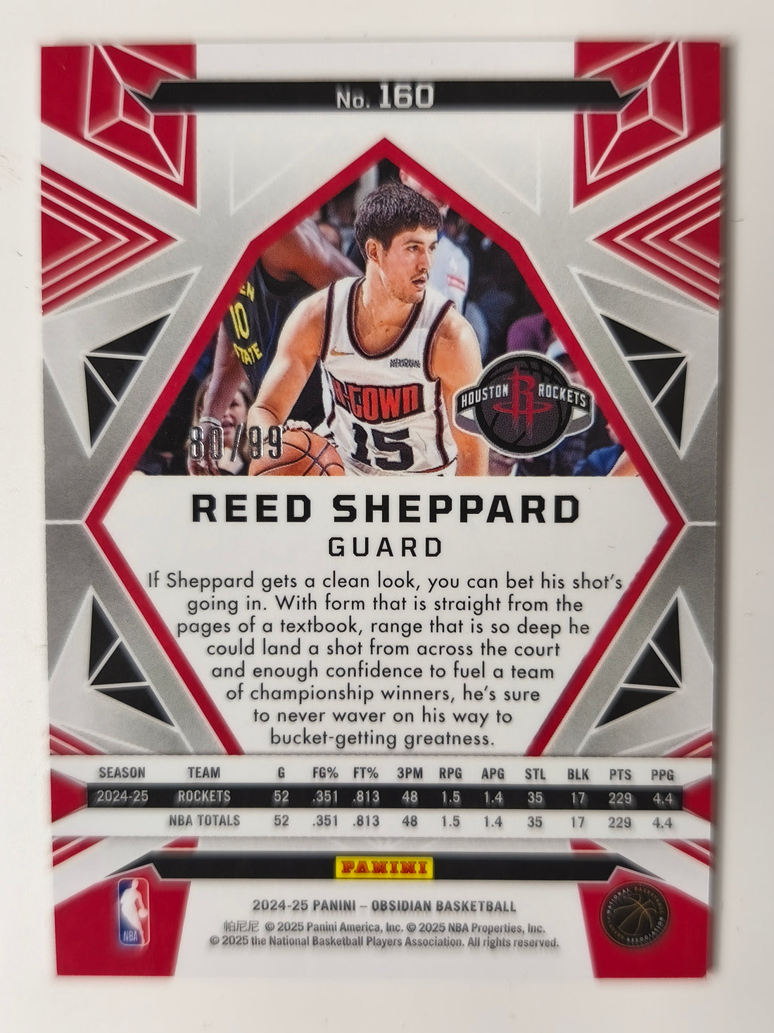 2024-25 Panini Obsidian Electric Etch Bronze Flood 80/99 Reed Sheppard #160