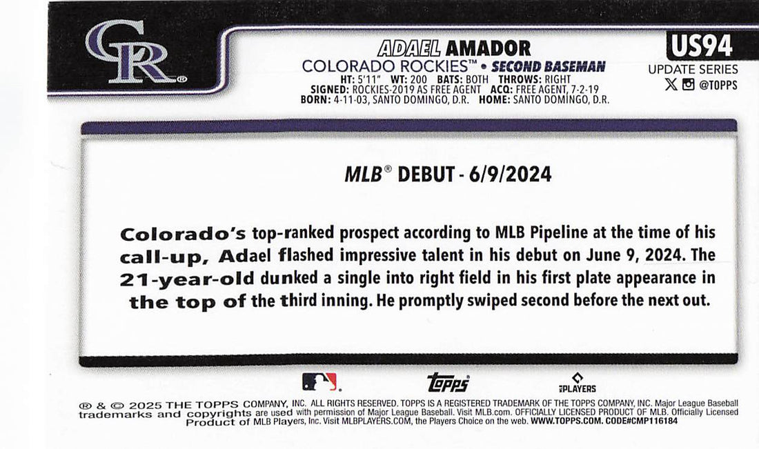 2025 Topps Update Baseball Adael Amador #US94