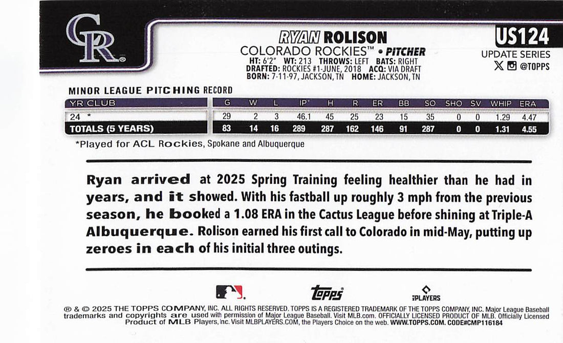 2025 Topps Update Baseball Ryan Rolison #US124 Rookie