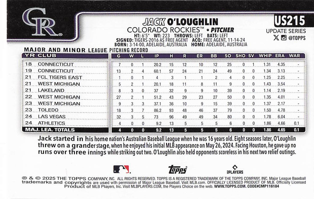2025 Topps Update Baseball Jack O'Loughlin #US215 Rookie