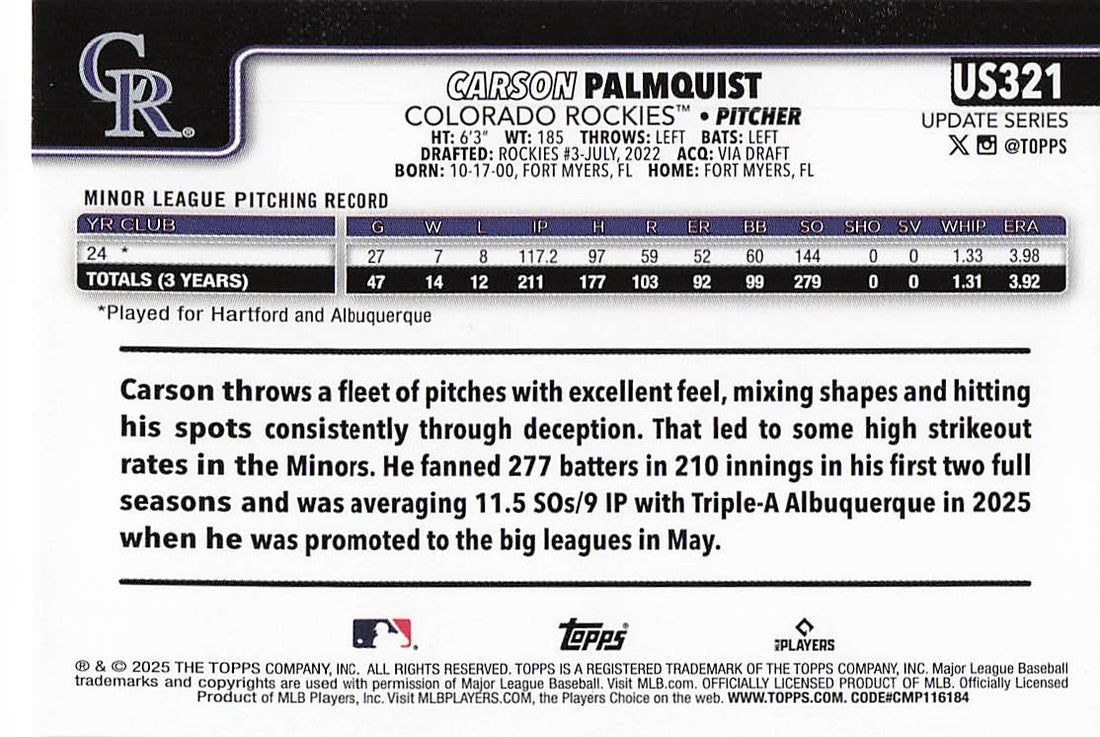2025 Topps Update Baseball Carson Palmquist #US321 Rookie