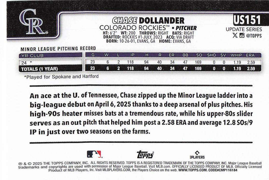 2025 Topps Update Baseball Chase Dollander #US151 Rookie