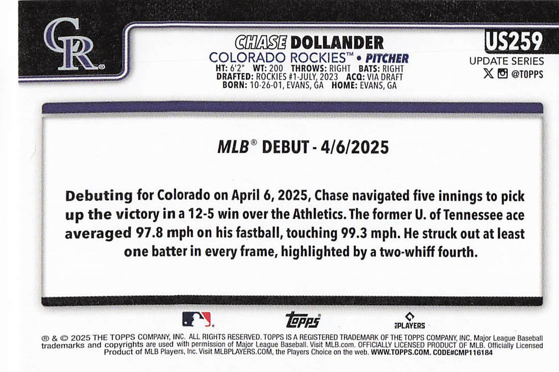 2025 Topps Update Baseball Chase Dollander #US259