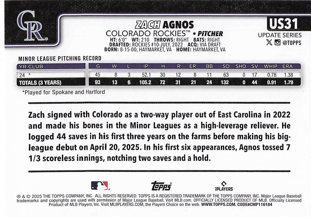 2025 Topps Update Baseball Zach Agnos #US31 Rookie