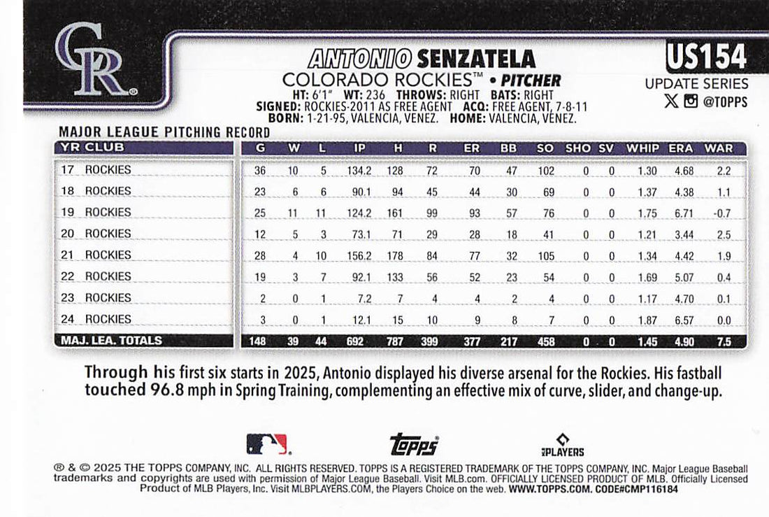2025 Topps Update Baseball Antonio Senzatela #US154