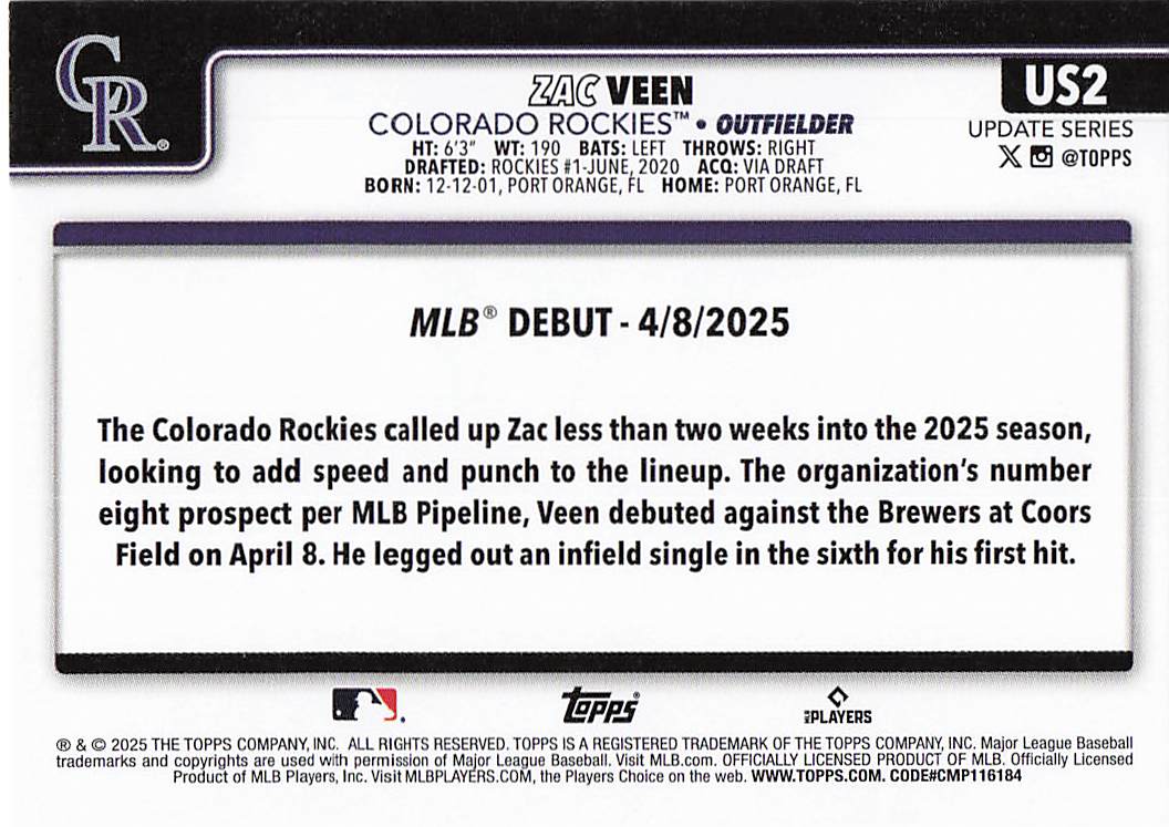 2025 Topps Update Baseball Zac Veen #US2