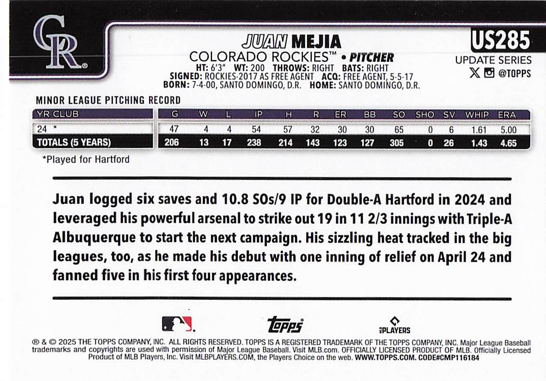 2025 Topps Update Baseball Juan Mejia #US285 Rookie
