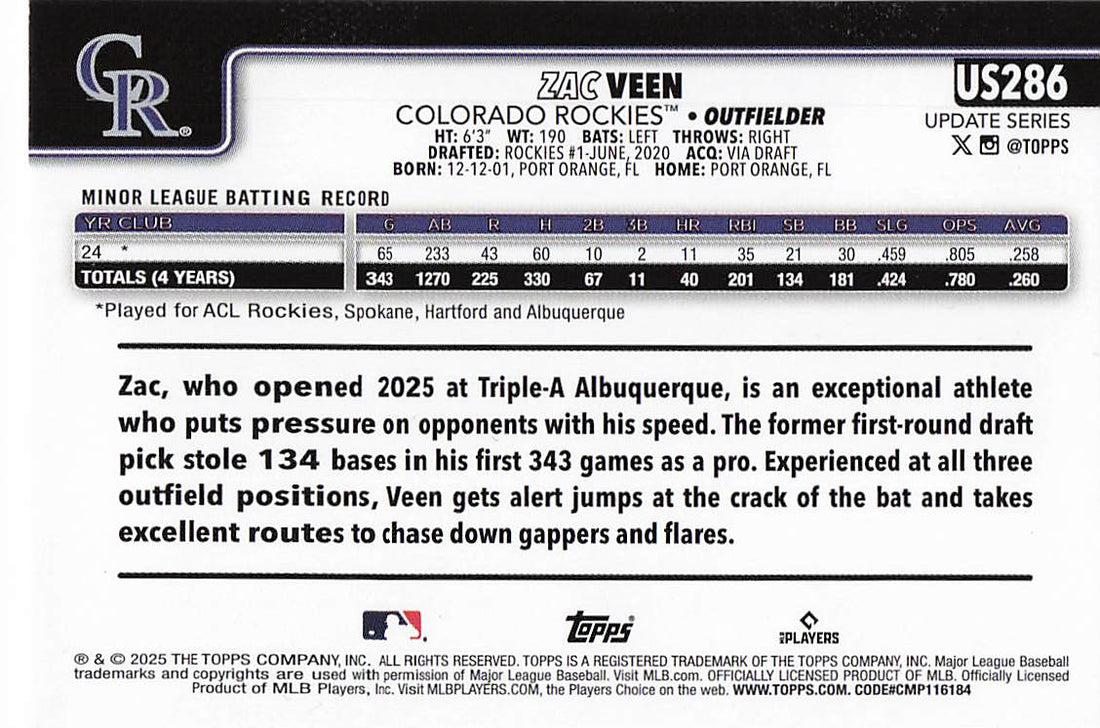 2025 Topps Update Baseball Zac Veen #US286 Rookie