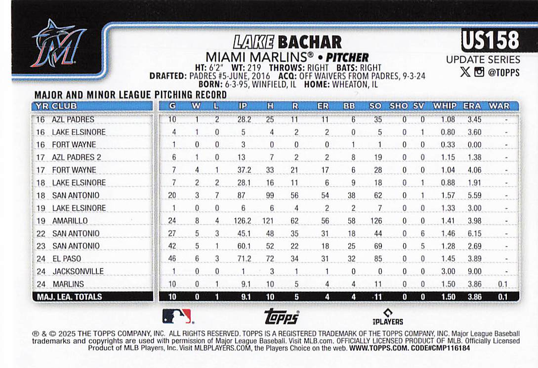 2025 Topps Update Baseball Lake Bachar #US158 Rookie