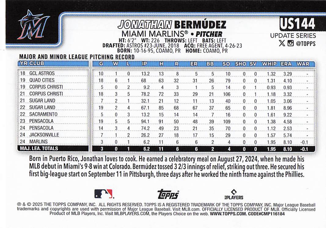 2025 Topps Update Baseball Jonathan Bermúdez #US144 Rookie