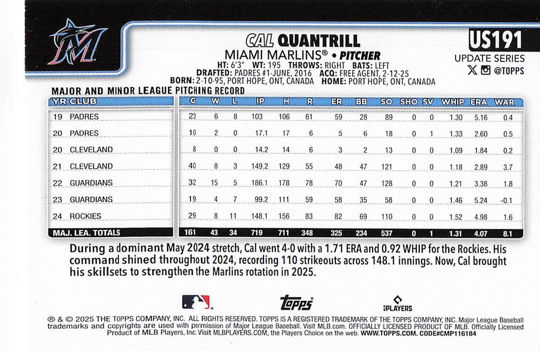 2025 Topps Update Baseball Cal Quantrill #US191