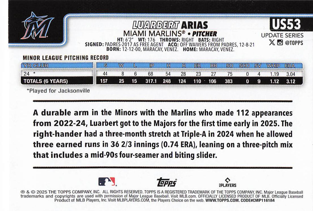 2025 Topps Update Baseball Luarbert Arias #US53 Rookie