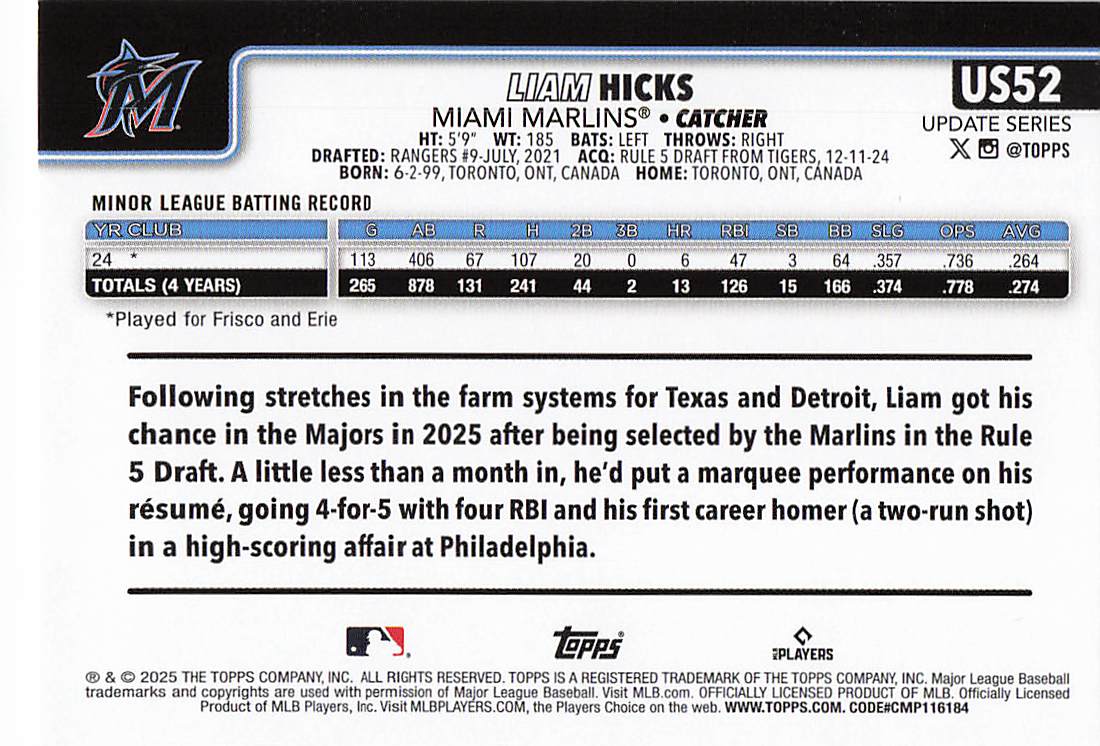 2025 Topps Update Baseball Liam Hicks #US52 Rookie
