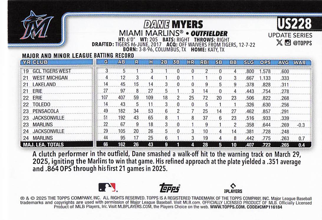 2025 Topps Update Baseball Dane Myers #US228