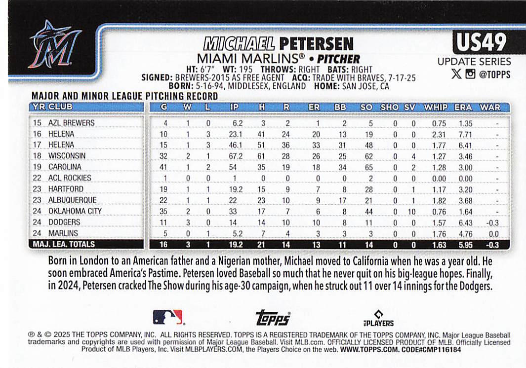 2025 Topps Update Baseball Michael Petersen #US49 Rookie