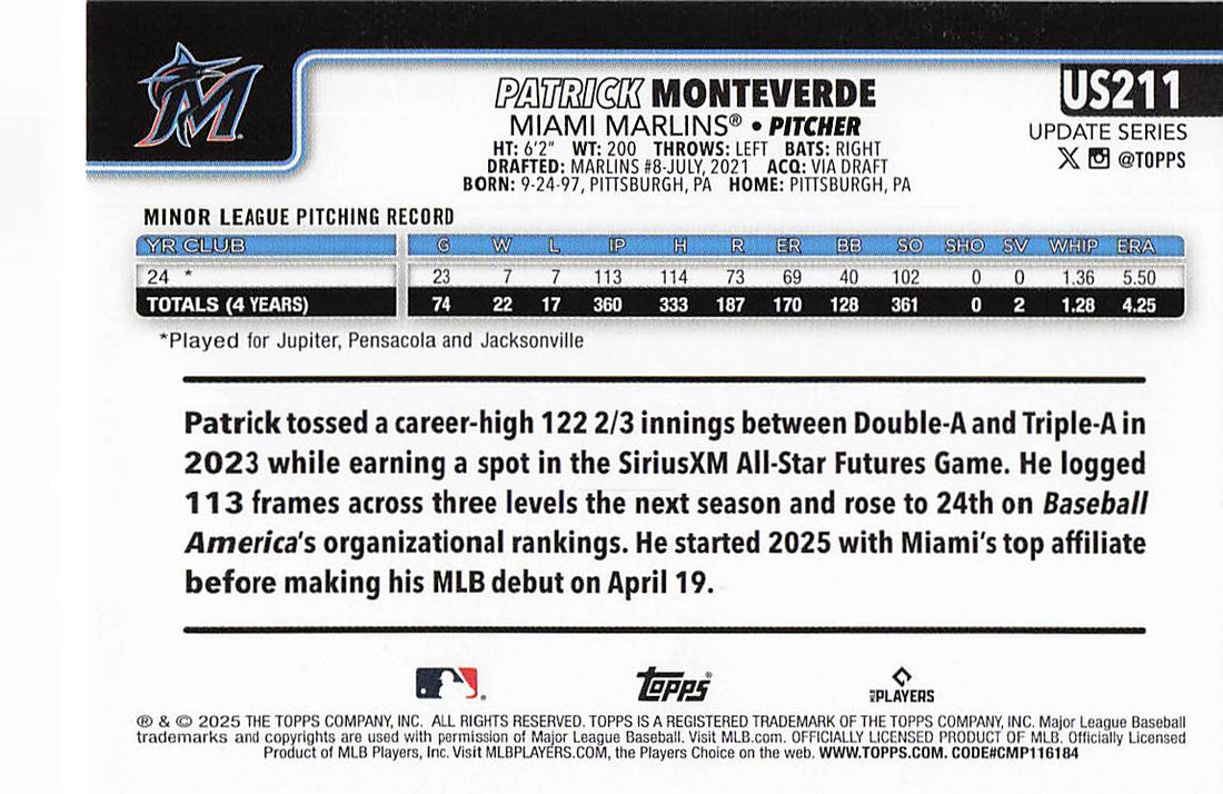 2025 Topps Update Baseball Patrick Monteverde #US211 Rookie