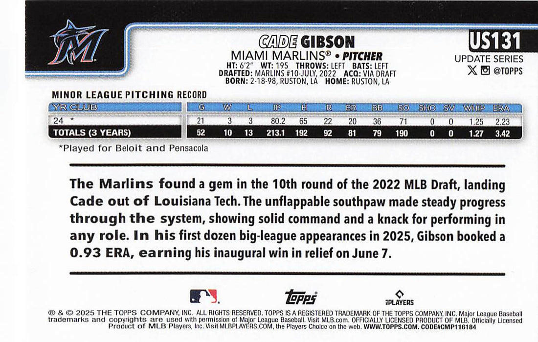 2025 Topps Update Baseball Cade Gibson #US131 Rookie