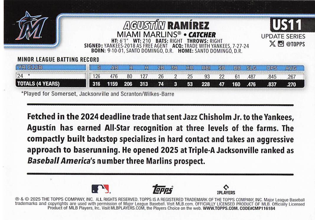 2025 Topps Update Baseball Agustín Ramírez #US11 Rookie
