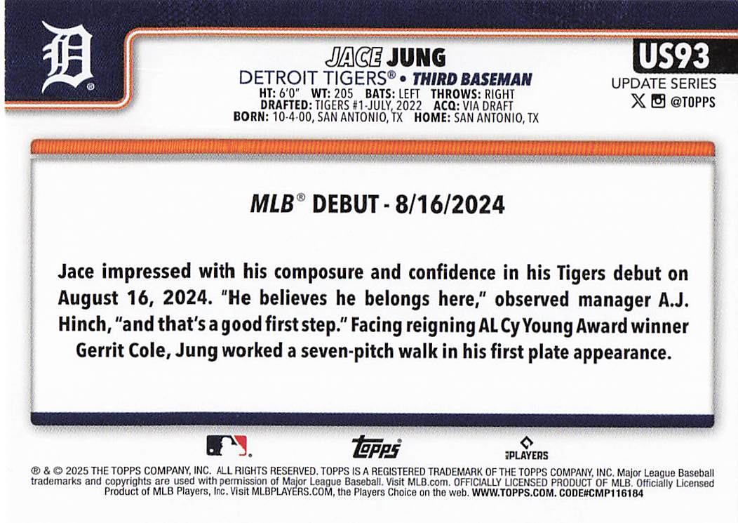 2025 Topps Update Baseball Jace Jung #US93