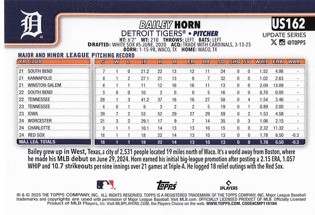 2025 Topps Update Baseball Bailey Horn #US162 Rookie