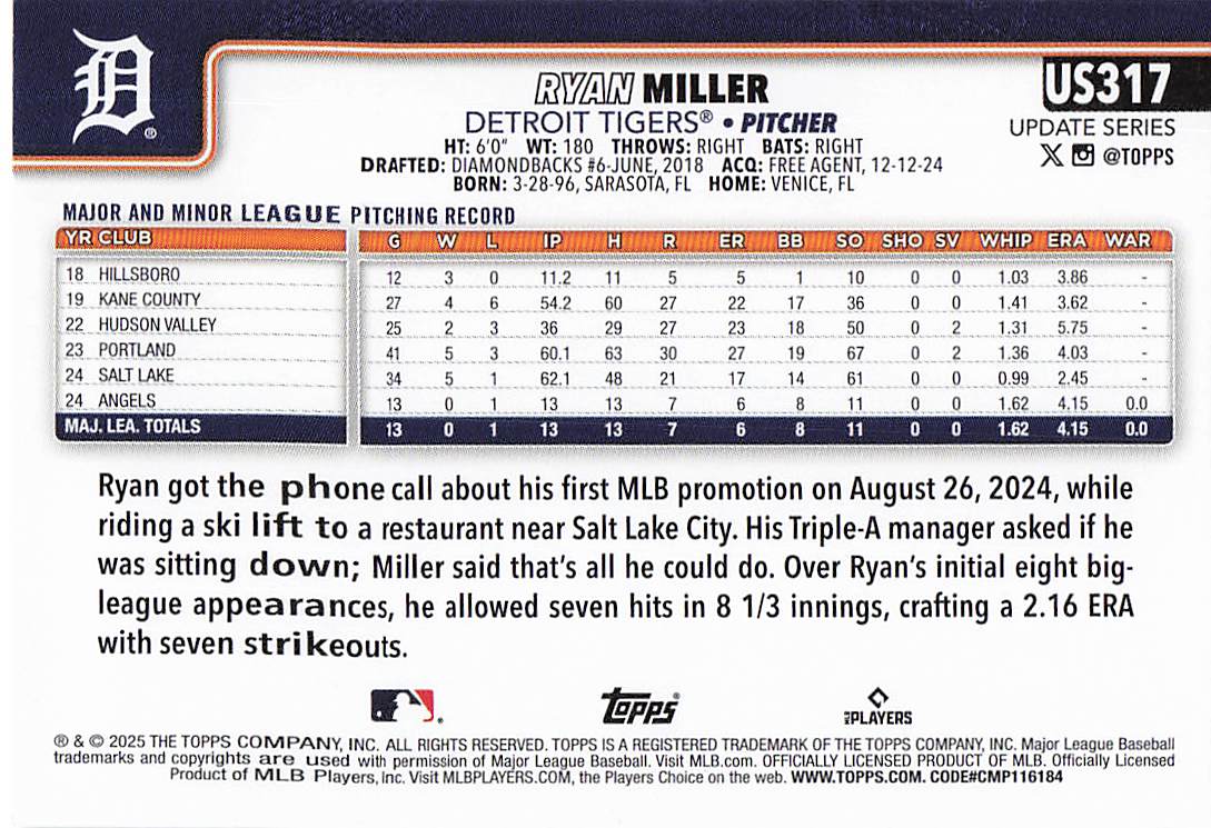 2025 Topps Update Baseball Ryan Miller #US317 Rookie