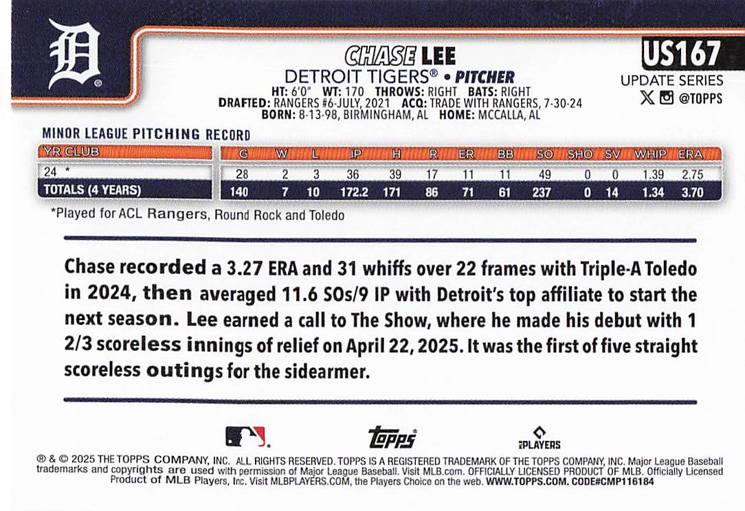 2025 Topps Update Baseball Chase Lee #US167 Rookie