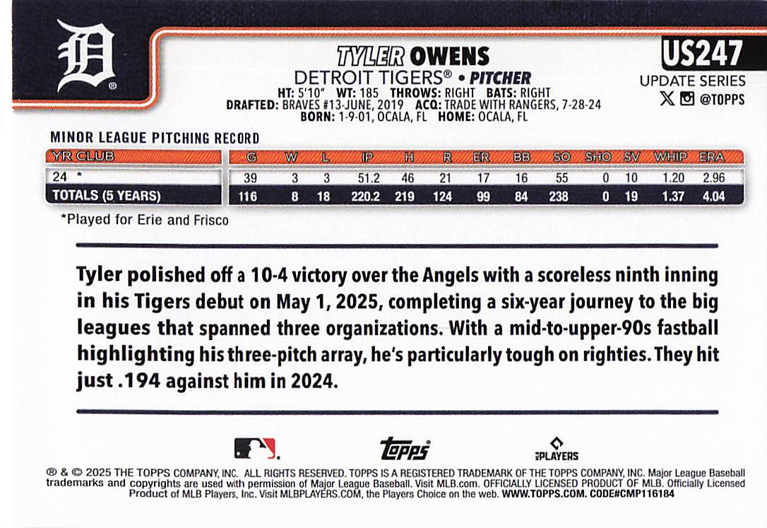 2025 Topps Update Baseball Tyler Owens #US247 Rookie