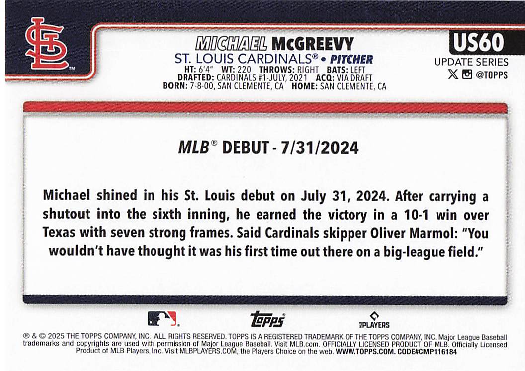 2025 Topps Update Baseball Michael McGreevy #US60