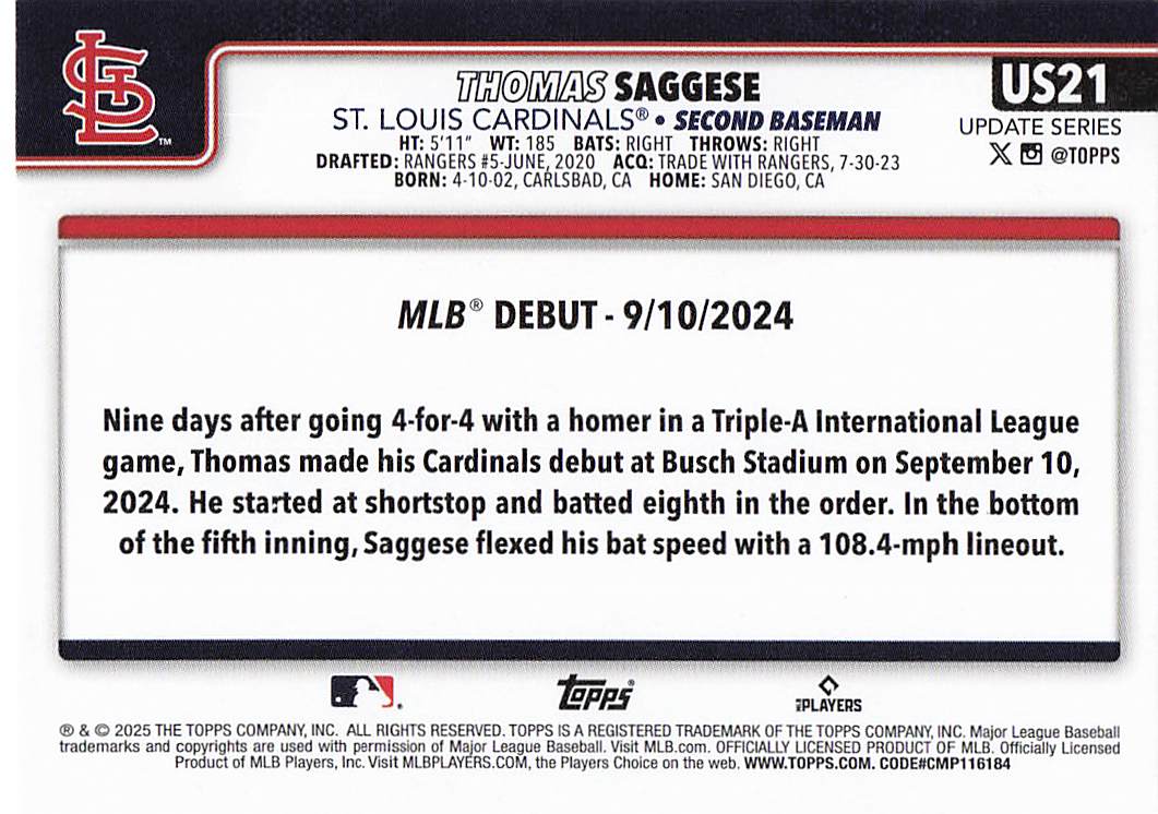 2025 Topps Update Baseball Thomas Saggese #US21