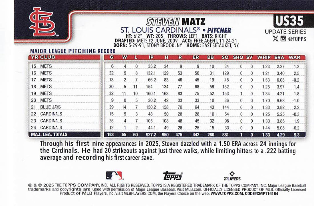 2025 Topps Update Baseball Steven Matz #US35