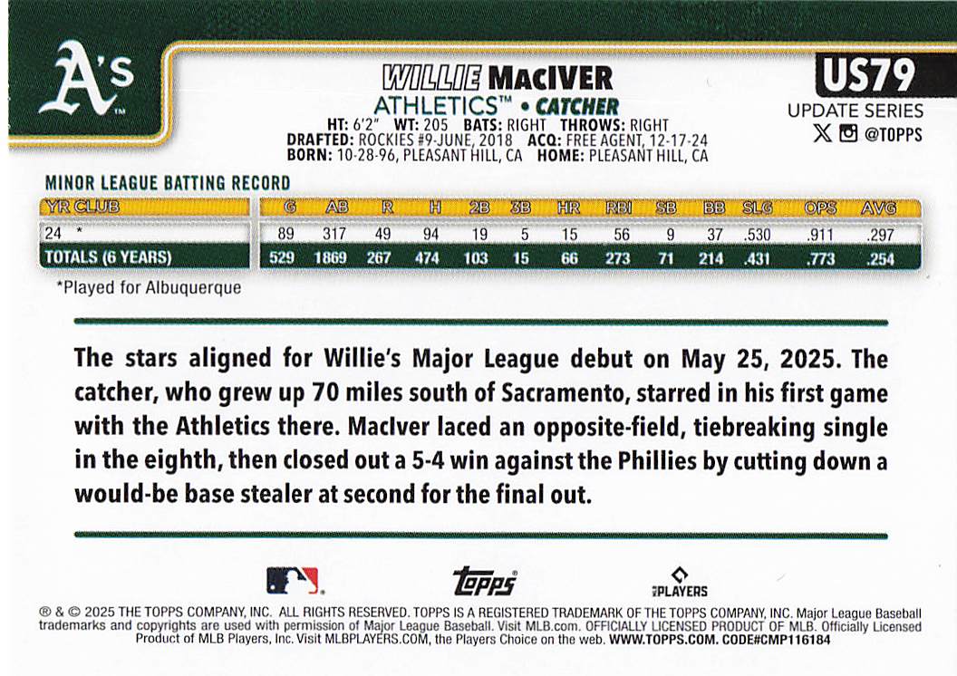 2025 Topps Update Baseball Willie MacIver #US79 Rookie