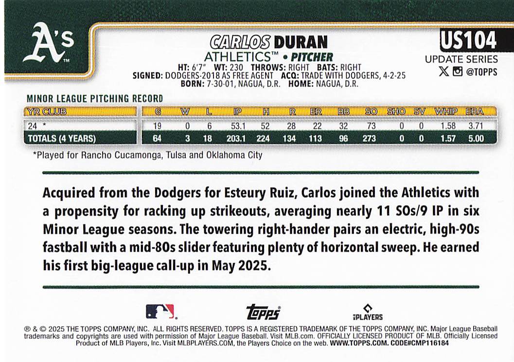 2025 Topps Update Baseball Carlos Duran #US104 Rookie