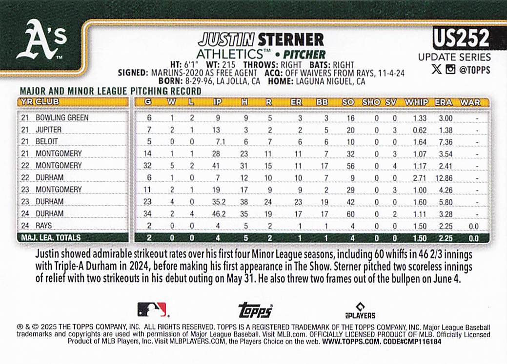 2025 Topps Update Baseball Justin Sterner #US252 Rookie