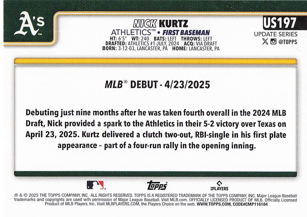 2025 Topps Update Baseball Nick Kurtz #US197