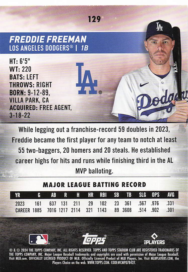 2024 Stadium Club Baseball Freddie Freeman #129