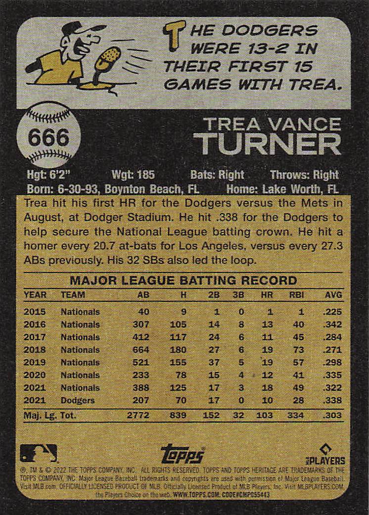 2022 Topps Heritage Baseball Trea Turner #666