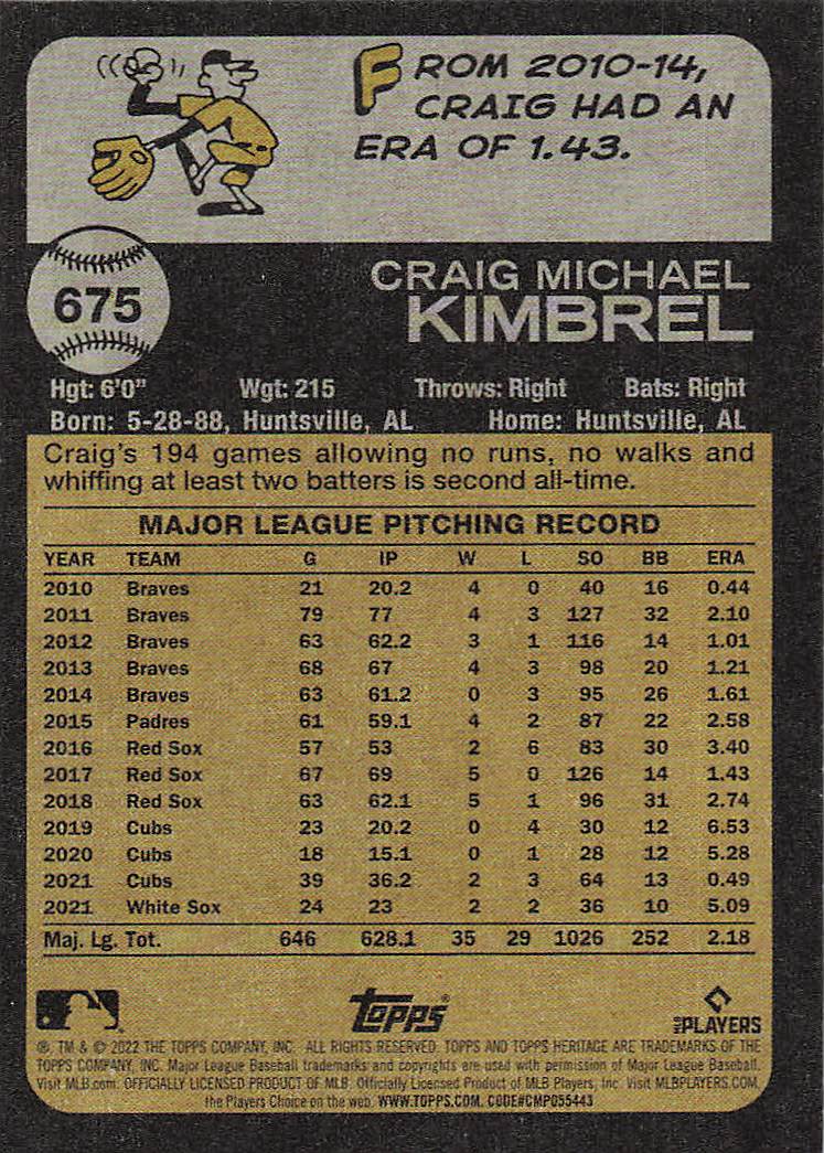 2022 Topps Heritage Baseball Craig Kimbrel #675