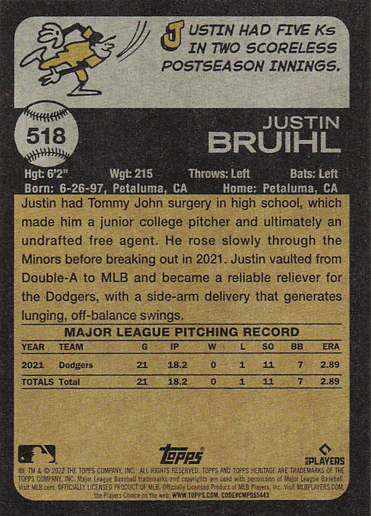 2022 Topps Heritage Baseball Justin Bruihl #518 Rookie