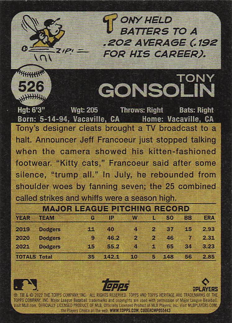 2022 Topps Heritage Baseball Tony Gonsolin #526