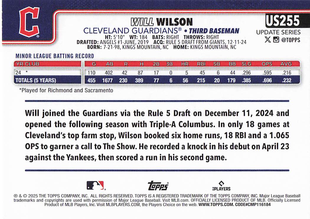2025 Topps Update Baseball Sandglitter Will Wilson #US255 Rookie