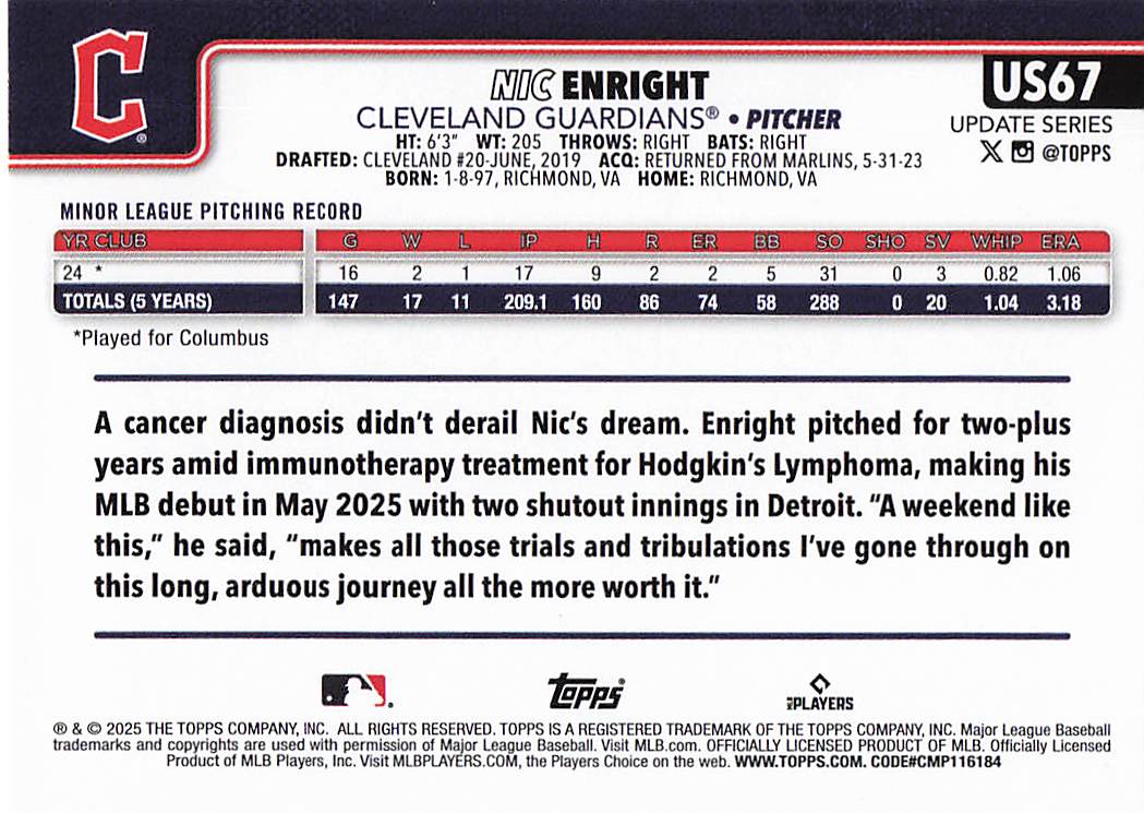 2025 Topps Update Baseball Nic Enright #US67 Rookie