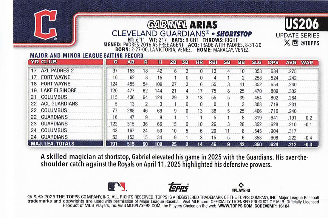 2025 Topps Update Baseball Gabriel Arias #US206