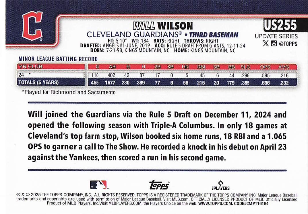 2025 Topps Update Baseball Will Wilson #US255 Rookie