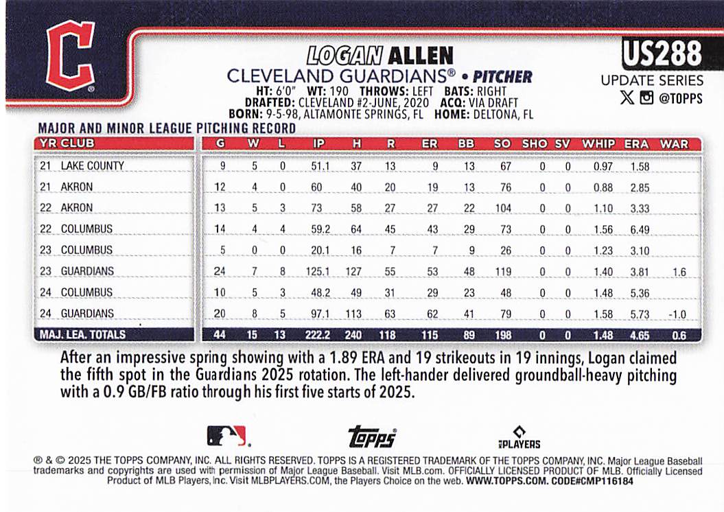 2025 Topps Update Baseball Logan Allen #US288