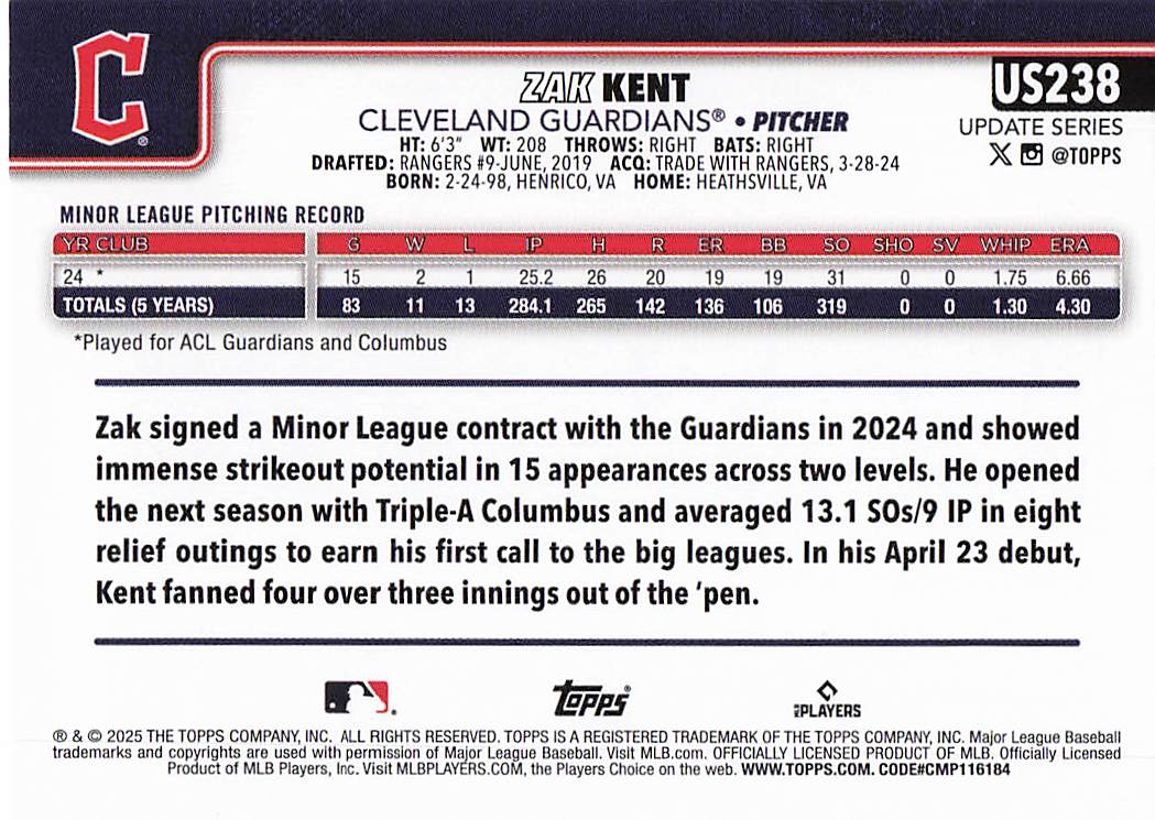2025 Topps Update Baseball Zak Kent #US238 Rookie