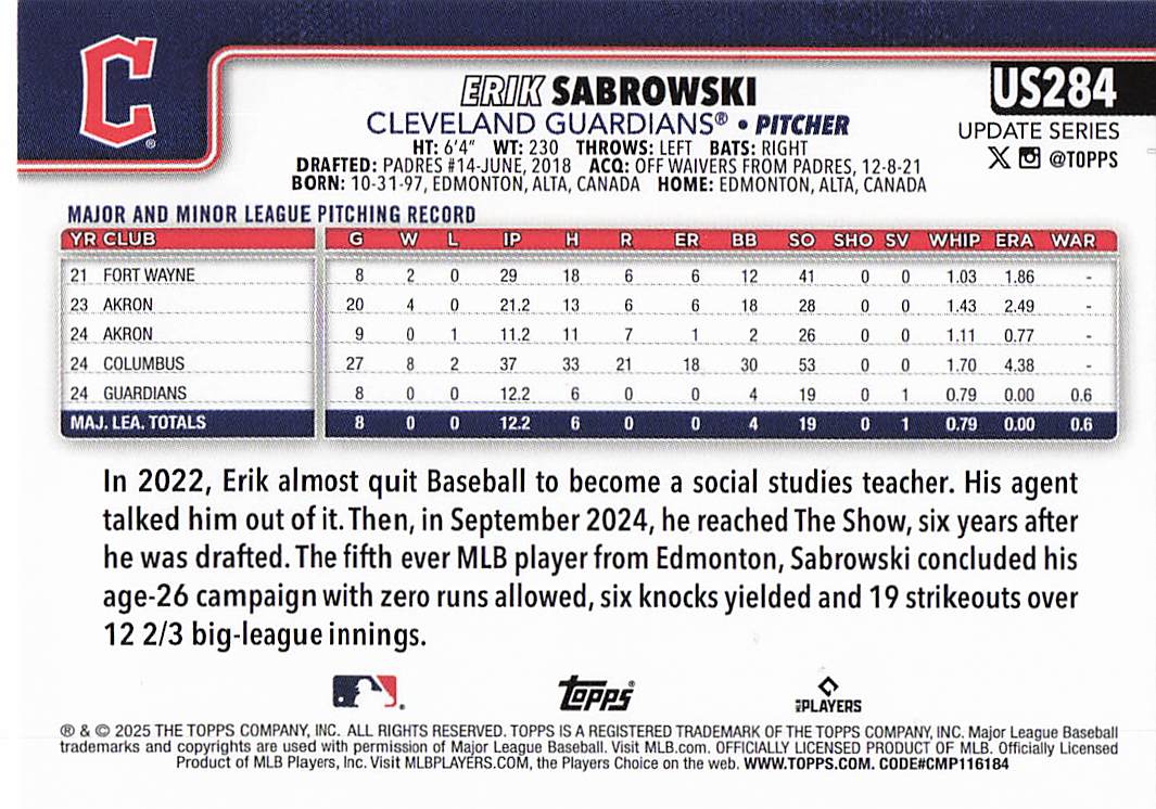 2025 Topps Update Baseball Erik Sabrowski #US284 Rookie