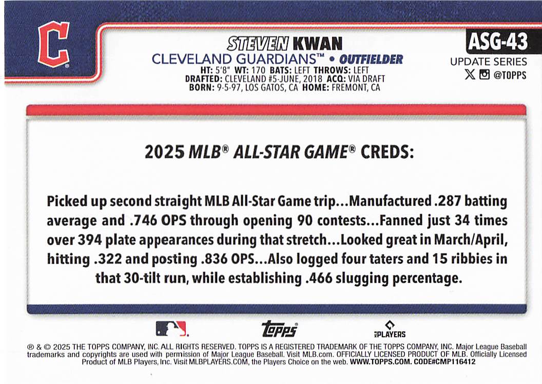 2025 Topps Update Baseball 2025 All-Star Game Steven Kwan #ASG-43