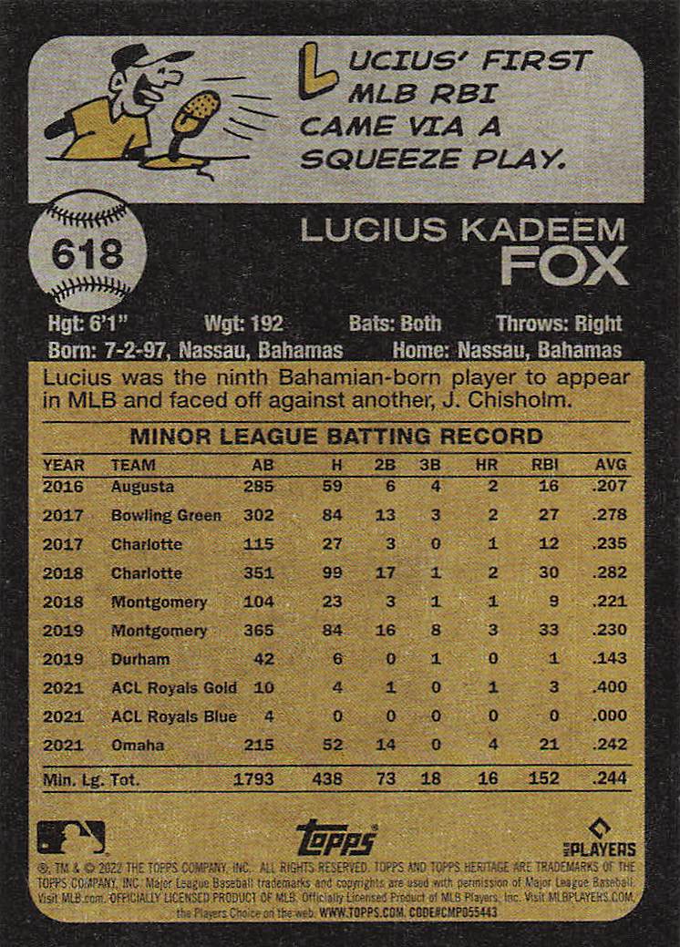 2022 Topps Heritage Baseball Lucius Fox #618 Rookie