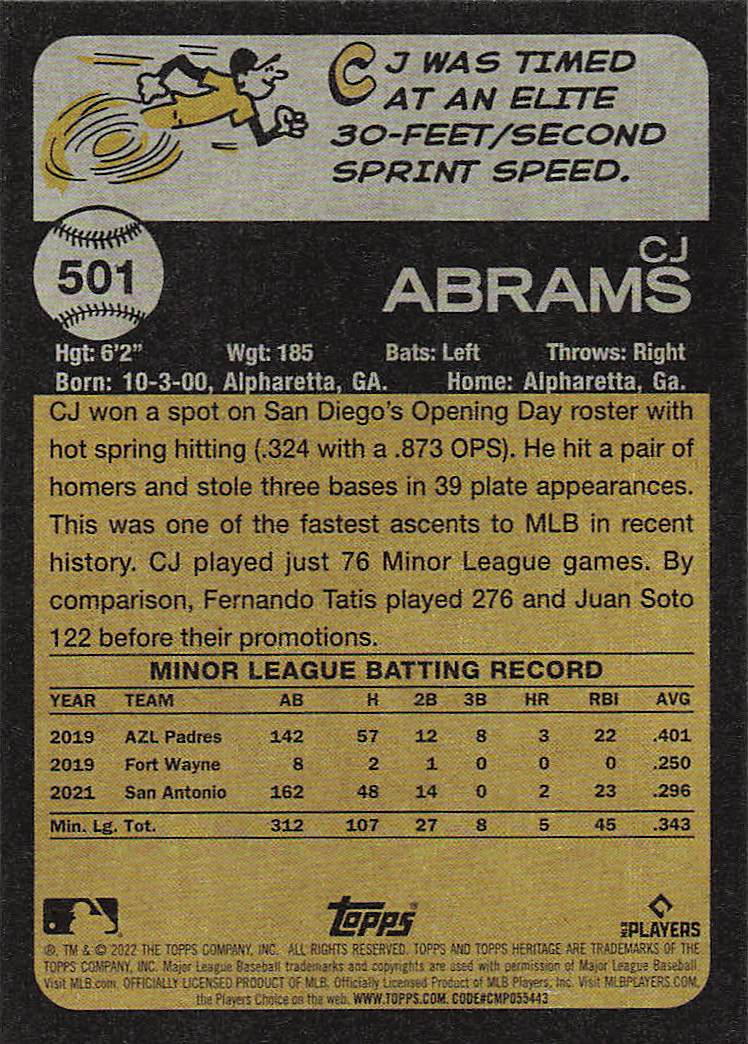 2022 Topps Heritage Baseball CJ Abrams #501 Rookie