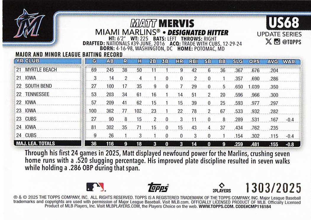 2025 Topps Update Baseball Gold 1303/2025 Matt Mervis #US68